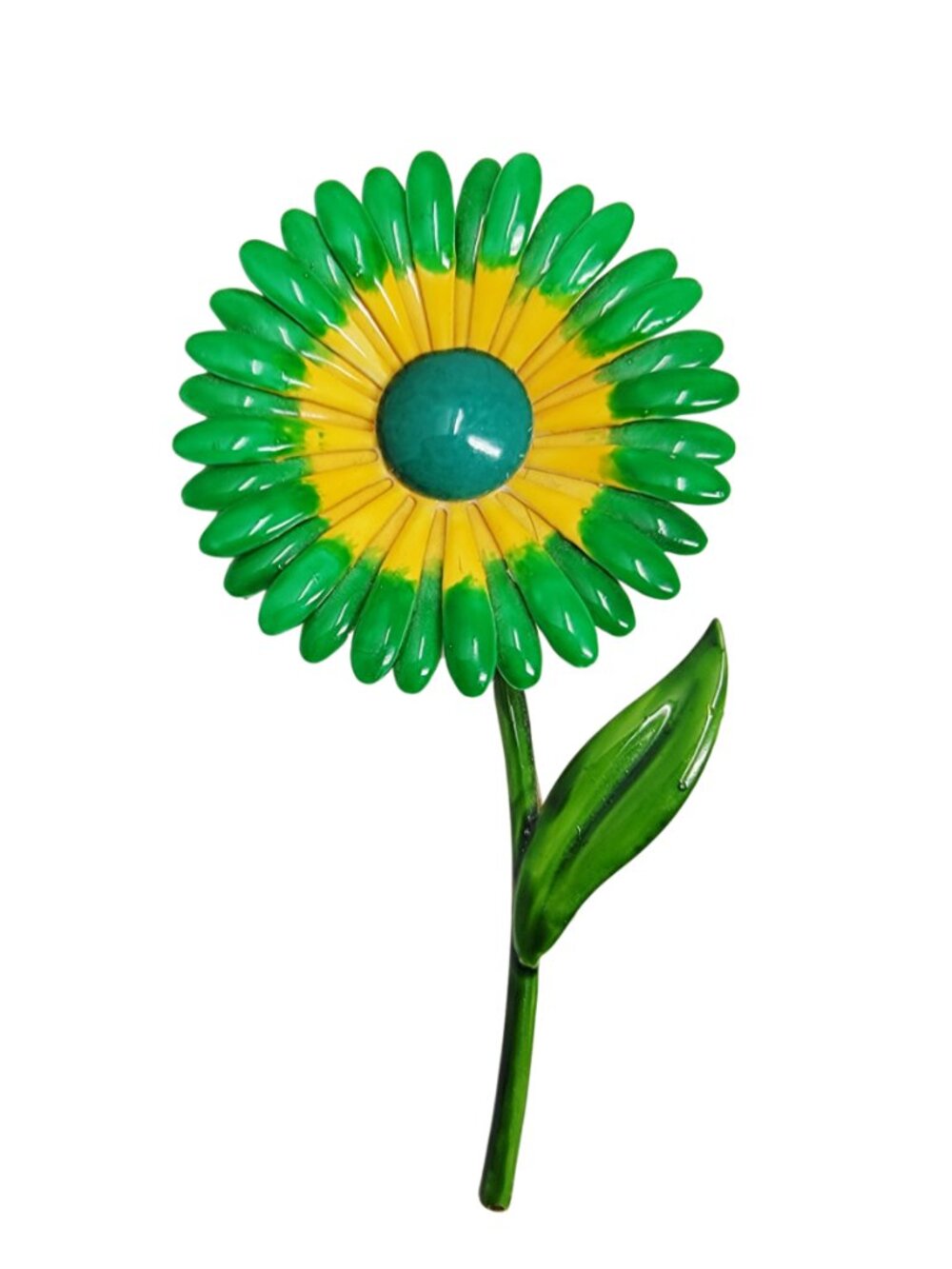 Vintage Green Yellow Enamel Daisy Flower Power Brooch Pin